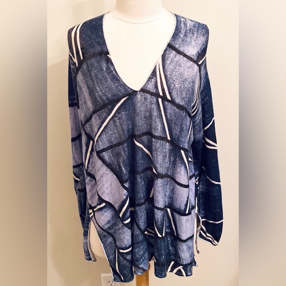 Nic & Zoe Blue Black Abstract SZ M Coastal Grandma Artsy Boho Modern Knit Top